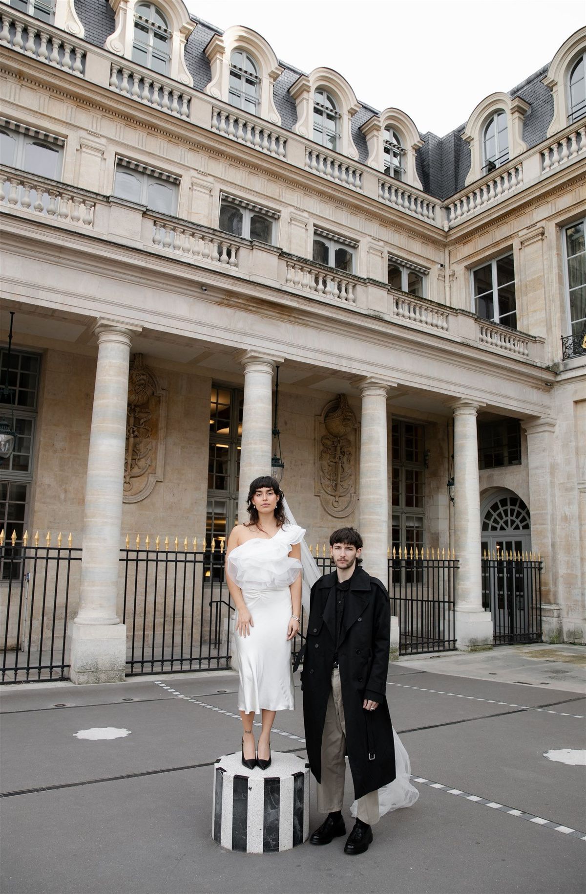 Bride and groom near Palais Royal during an elopement photoshoot in Paris