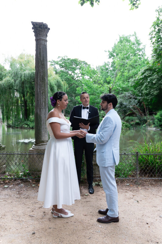 Bride and groom during a private elopement ceremony in Parc Monceau Paris