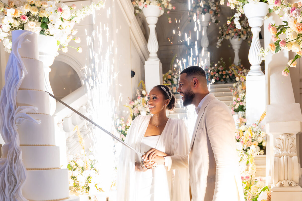 Bride and groom during their wedding ceremony at Château de Saint-Martin-du-Tertre